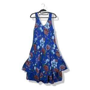 Bella Amore Linen Blend Layer Floral Dress Womens XS Blue Vacation Boho Flowy
